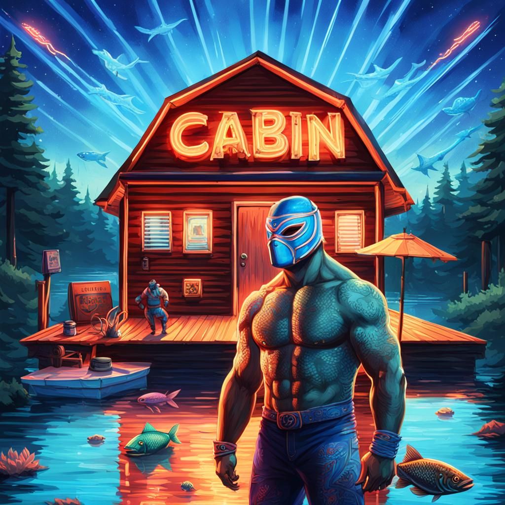 Fish Man Wrestler Flexing at Cabin by Lagoon