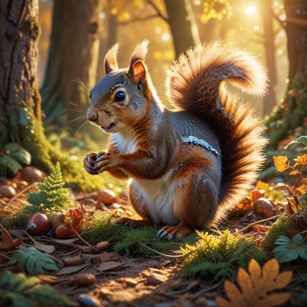 Squirrel Stealing Food in Whimsical Oil Painting