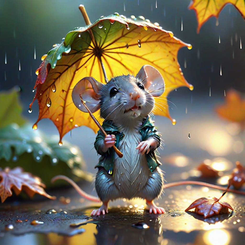 Whimsical Miniature Mouse Holds Maple Leaf in Morning Rain