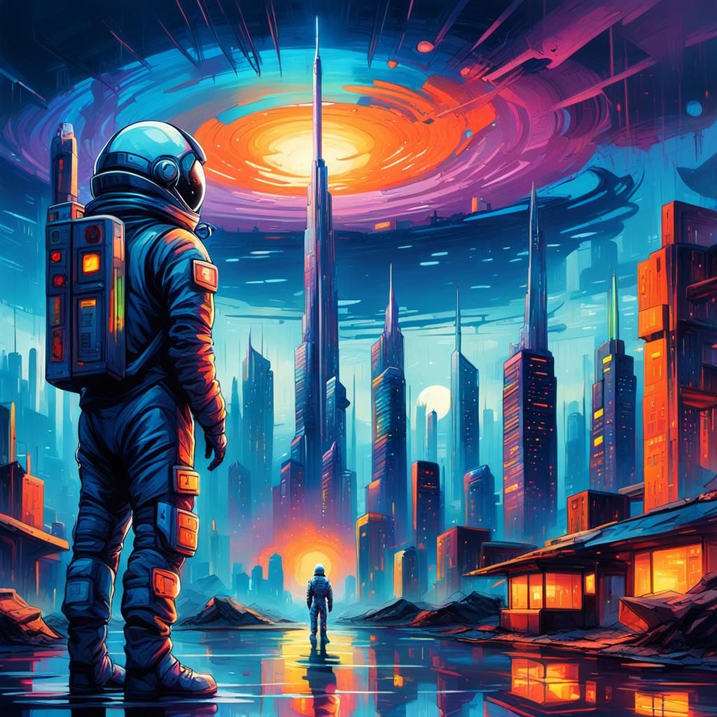 Surreal Futuristic Cityscape with Neon Lights and Retro Astr...