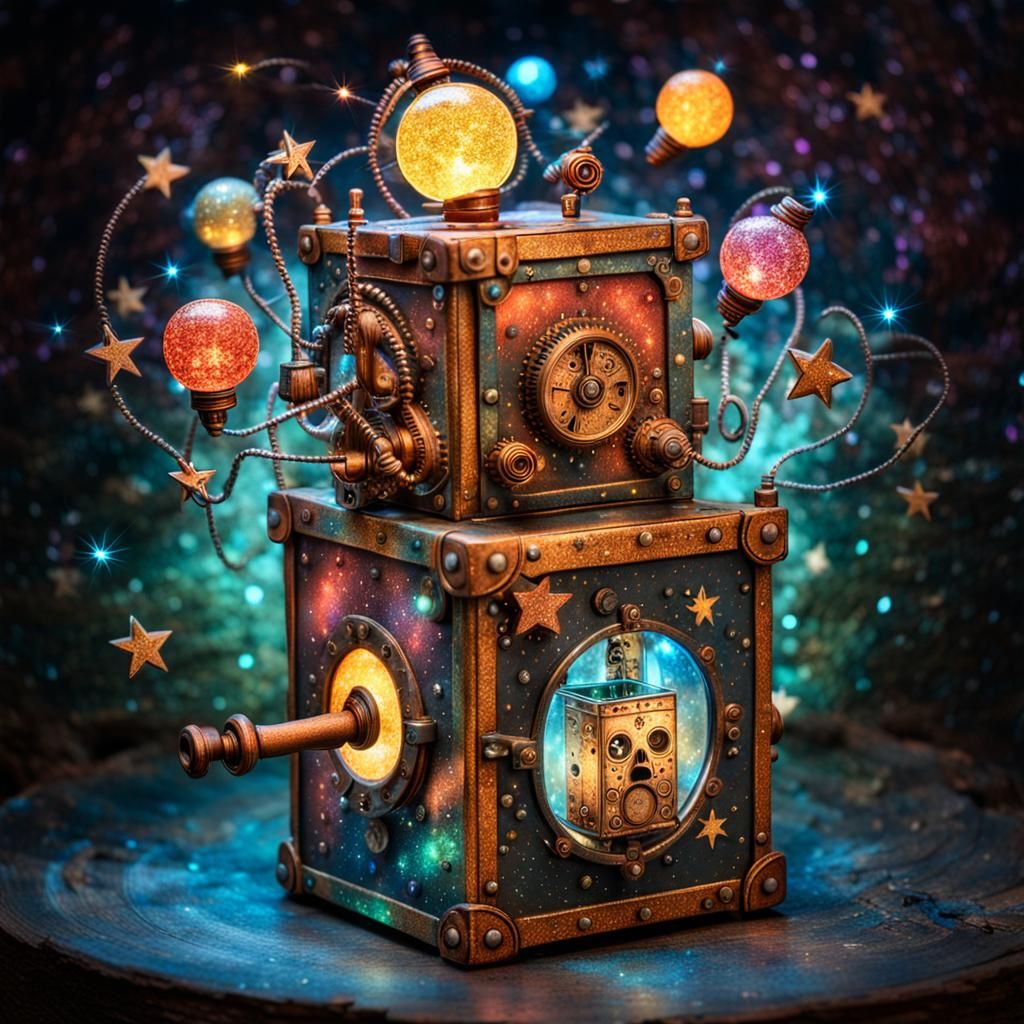Steampunk Jack-in-the-Box with Stars, Surreal Art