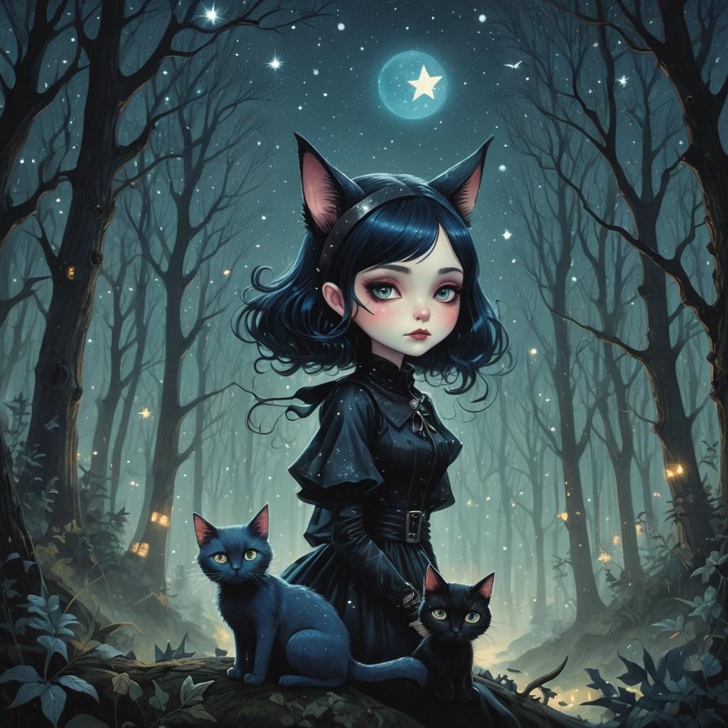 Goth Witch and Cat Stargazing: Double Exposure Digital Art