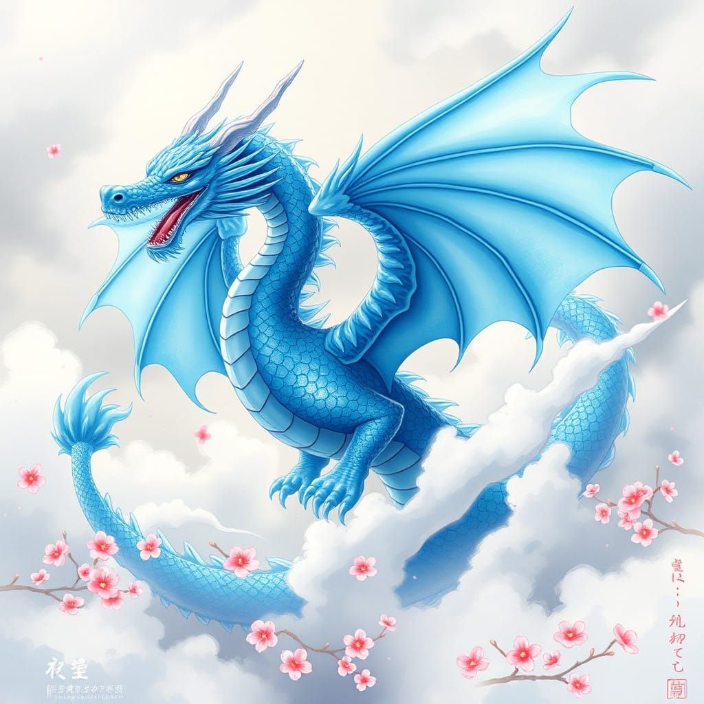Majestic Azure Dragon in Traditional Japanese Manga Style