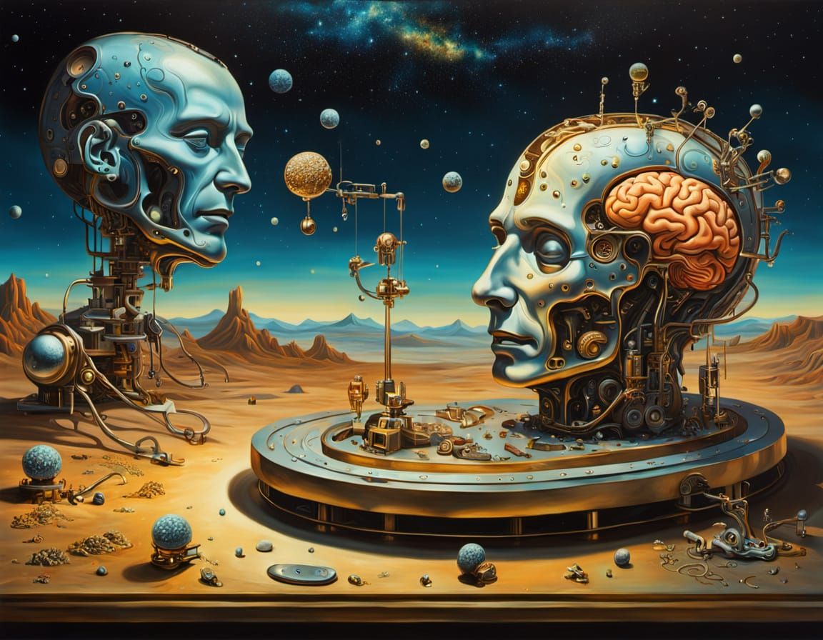 Mechanical Being with Brain in Surrealist Style