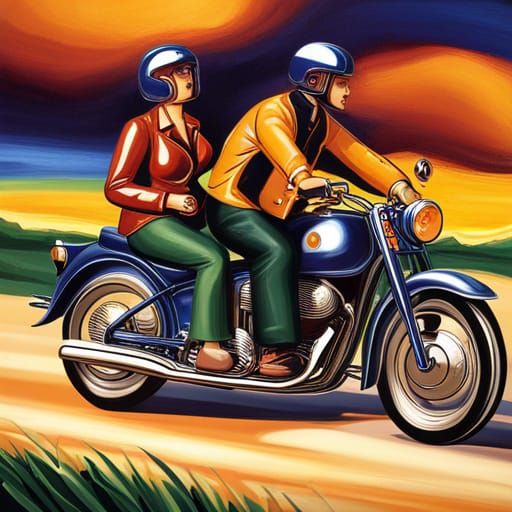 Couple on Motorcycle: Abstract Art with Chrome and Leather