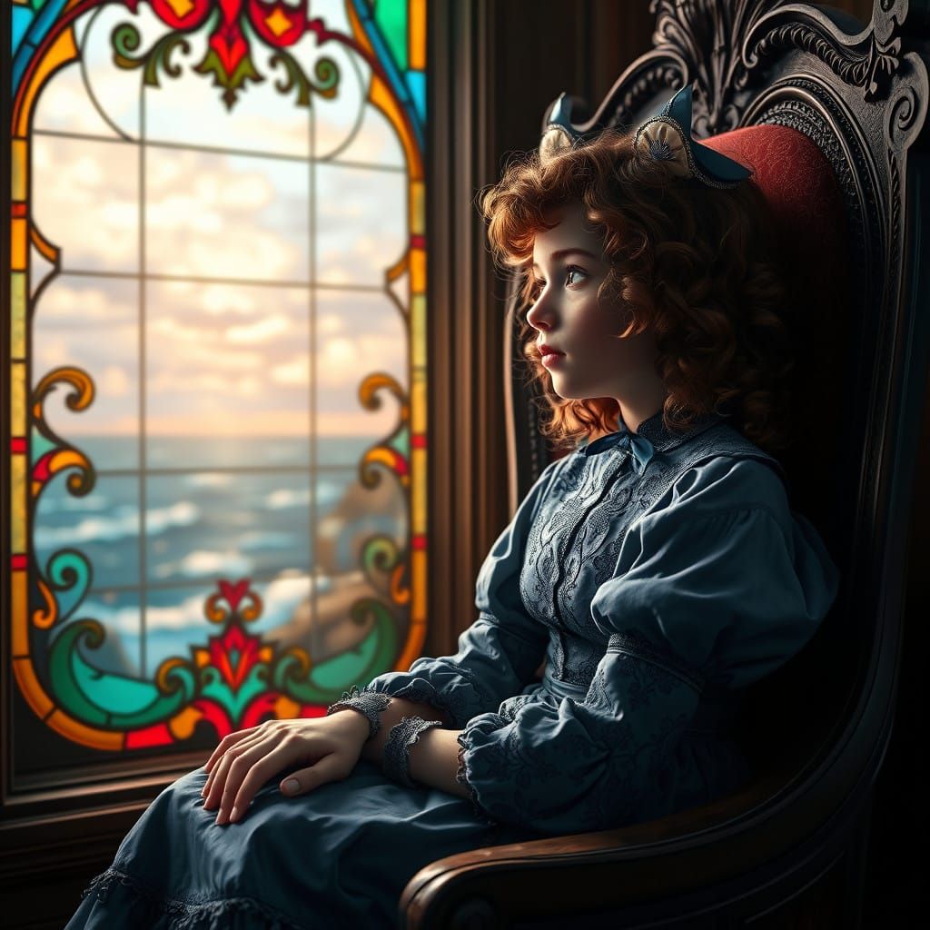 Victorian Girl Gazing Through Stained Glass Window in Dreaml...