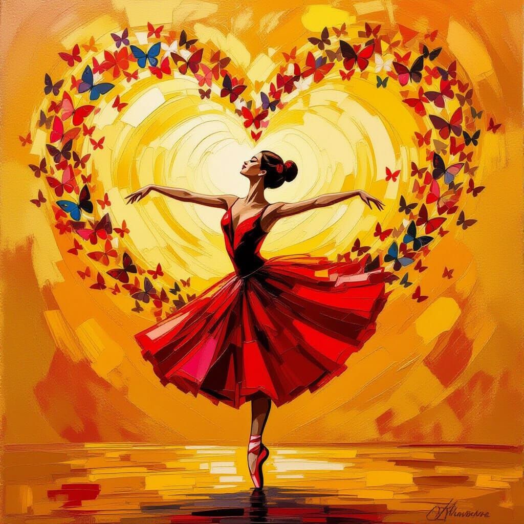Ballerina Silhouette with Butterfly Dress in Gold Oil Paint