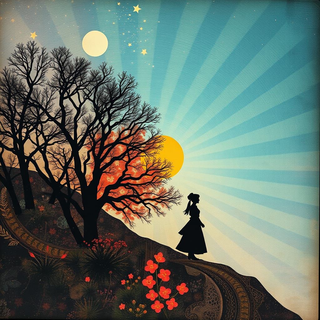 Nostalgic Radial Line Art Memoryscape with Shadow Play