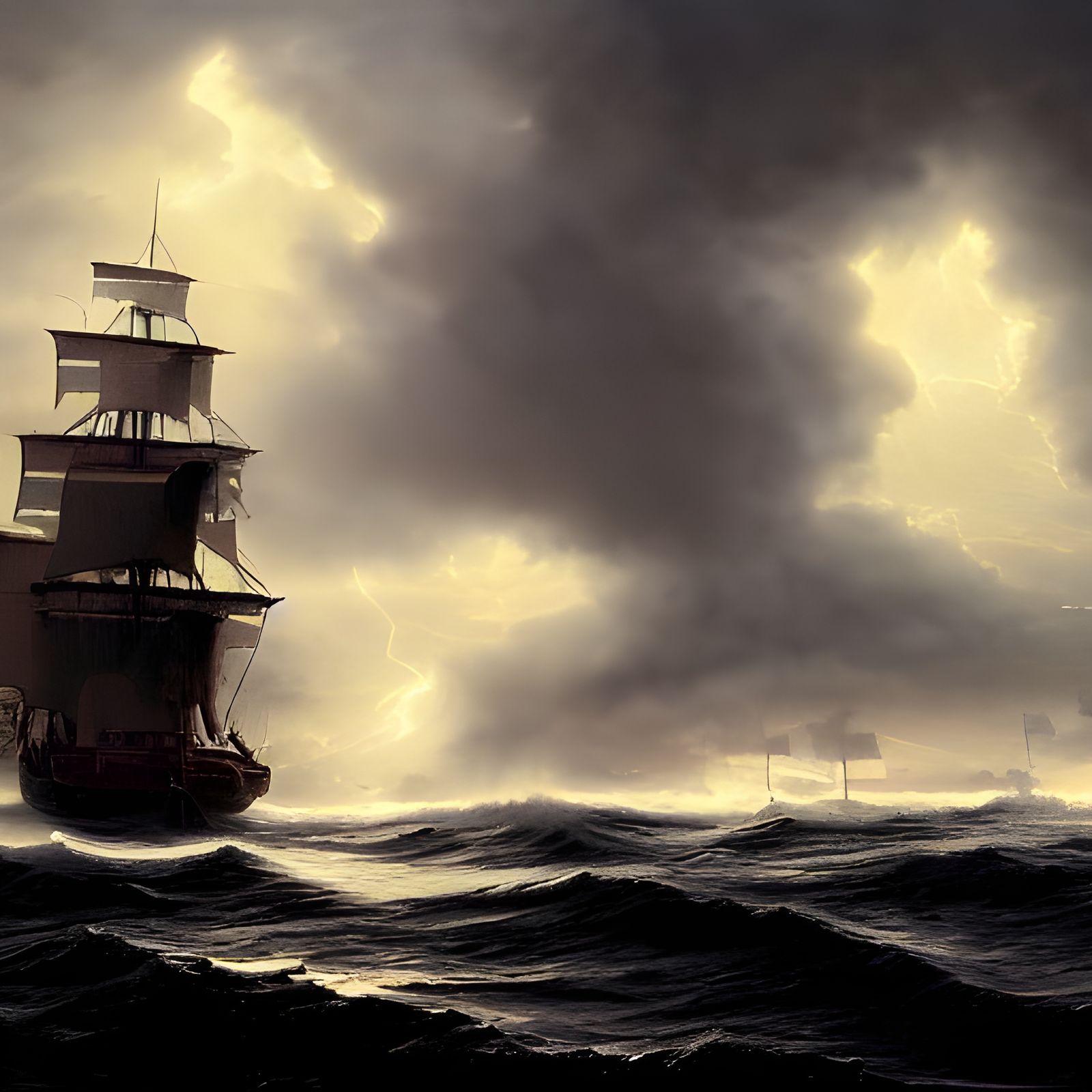 Pirate Ship Sailing Through Dark Stormy Seas