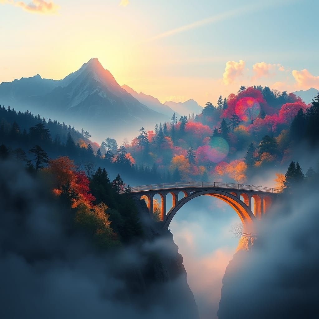 Dreamlike Landscape of Mountains, Forest, and Ancient Bridge...
