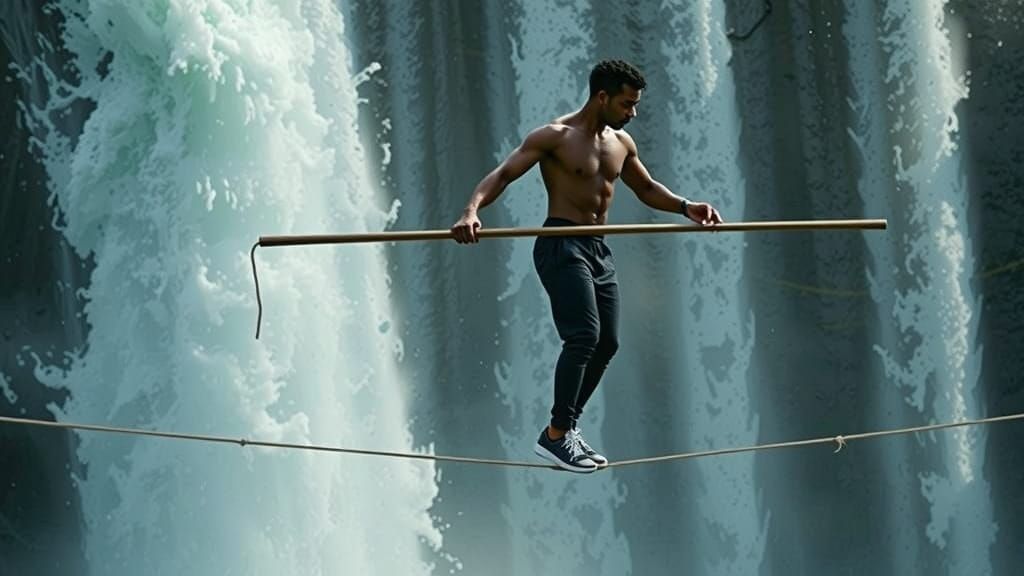 Tightrope Walker on Waterfall in Dramatic Lighting