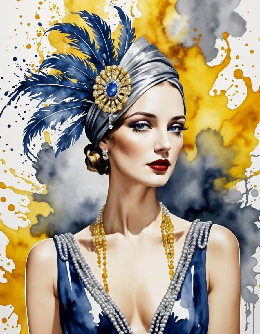 Art Deco Watercolour Portrait of a Glamorous Socialite