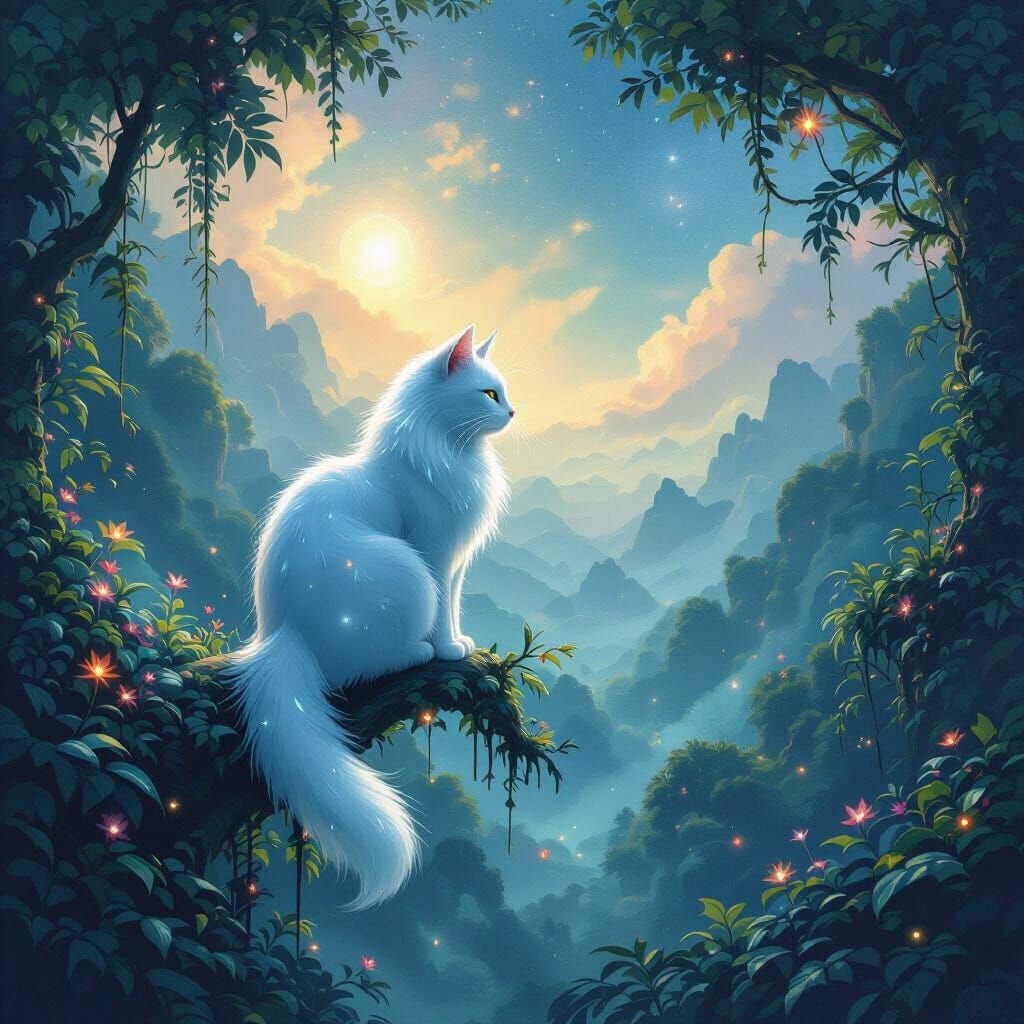 Bioluminescent Cat in Alien Jungle: Ghibli Style