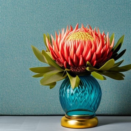 Flaming Fire Protea in Teal Vase