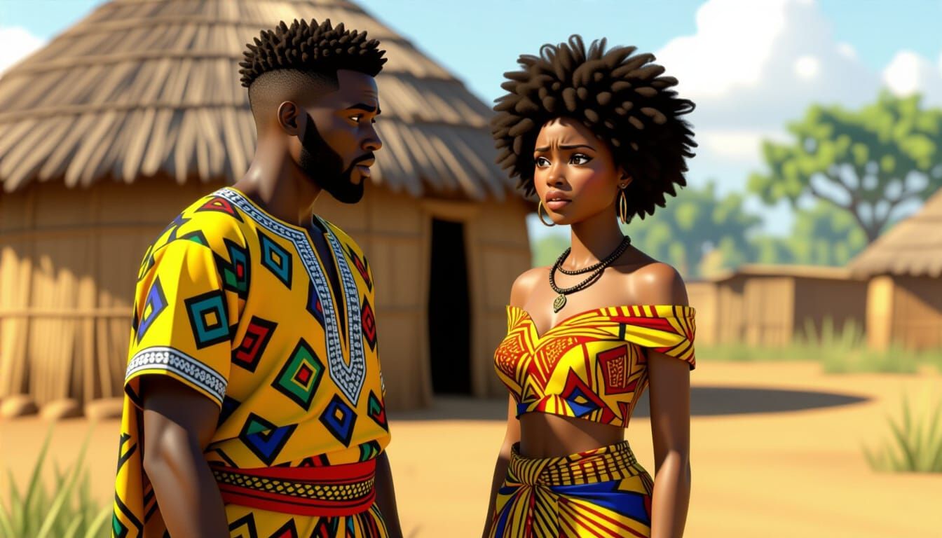 African Couple in Ankara Attire Outside Hut