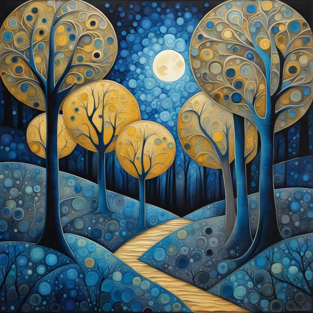 Moonlit Pathway Through Arabesque Forest in Impasto Style
