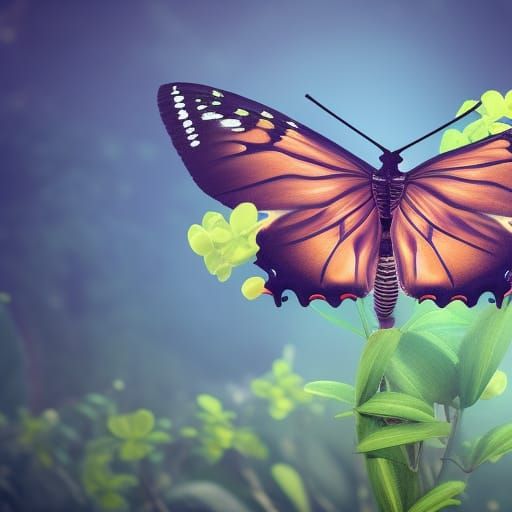 Butterfly Rests on Bud: Detailed Matte Painting