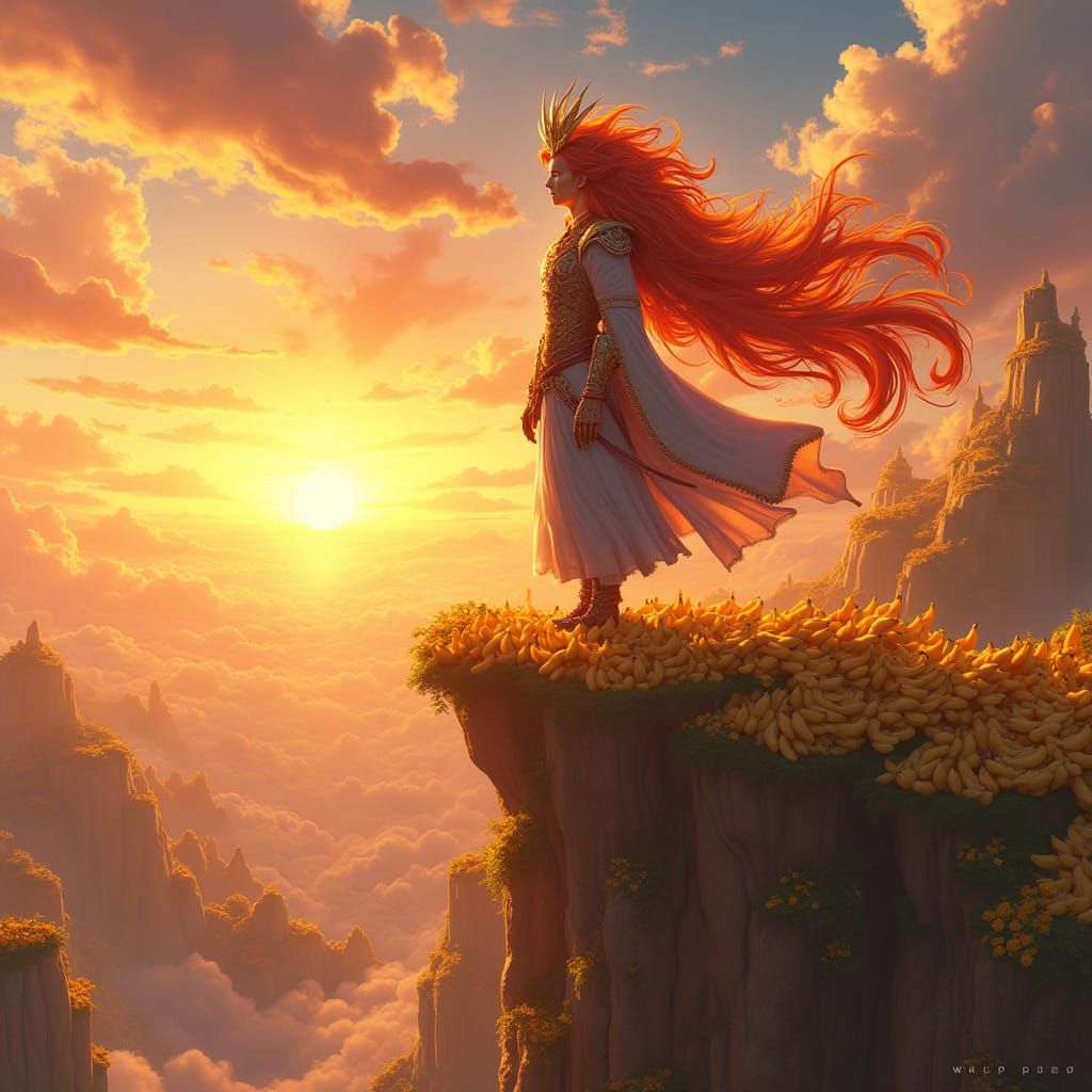 Majestic Banana King Overlooking Vibrant Sunset Landscape