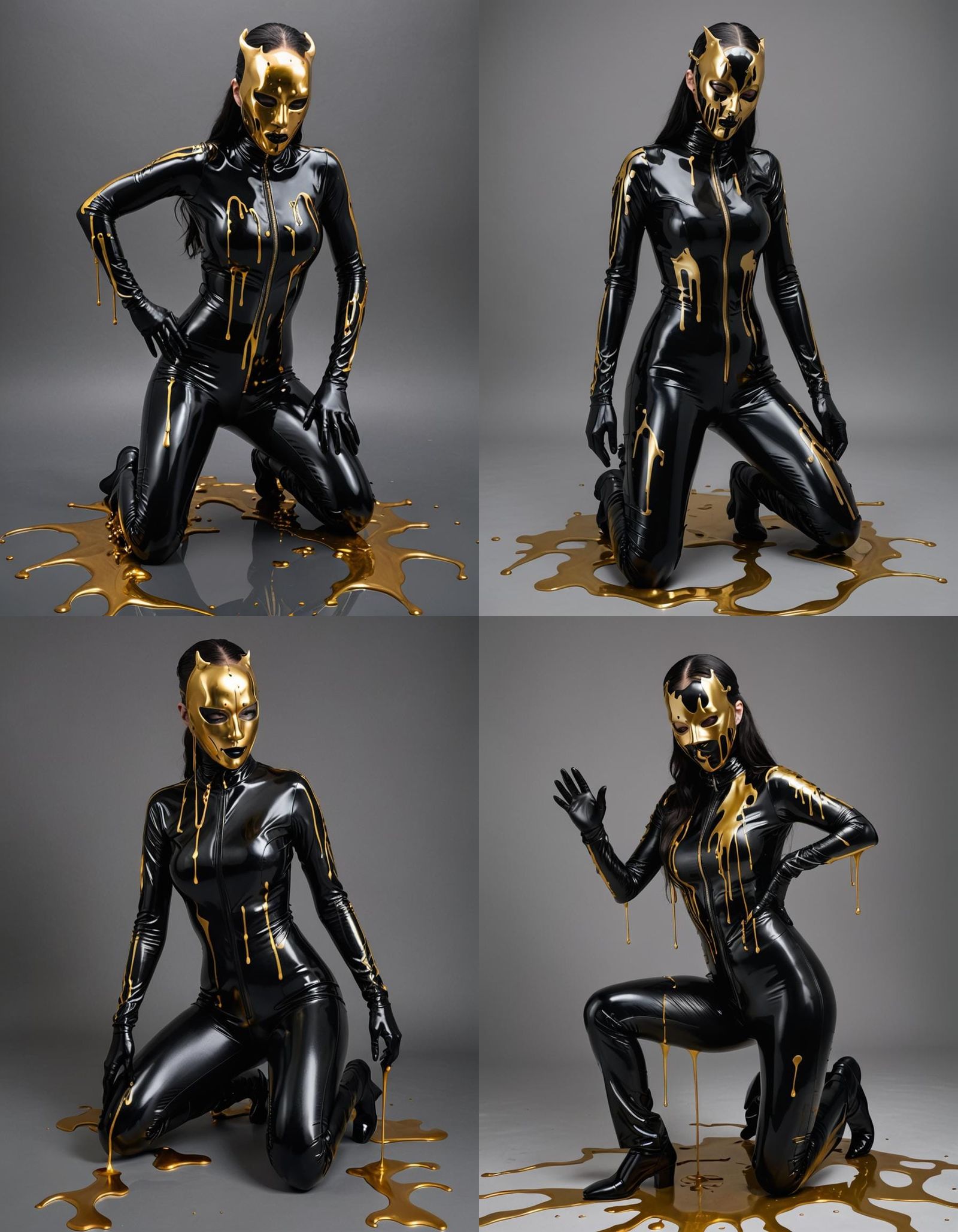 Woman in Black Latex with Dripping Gold
