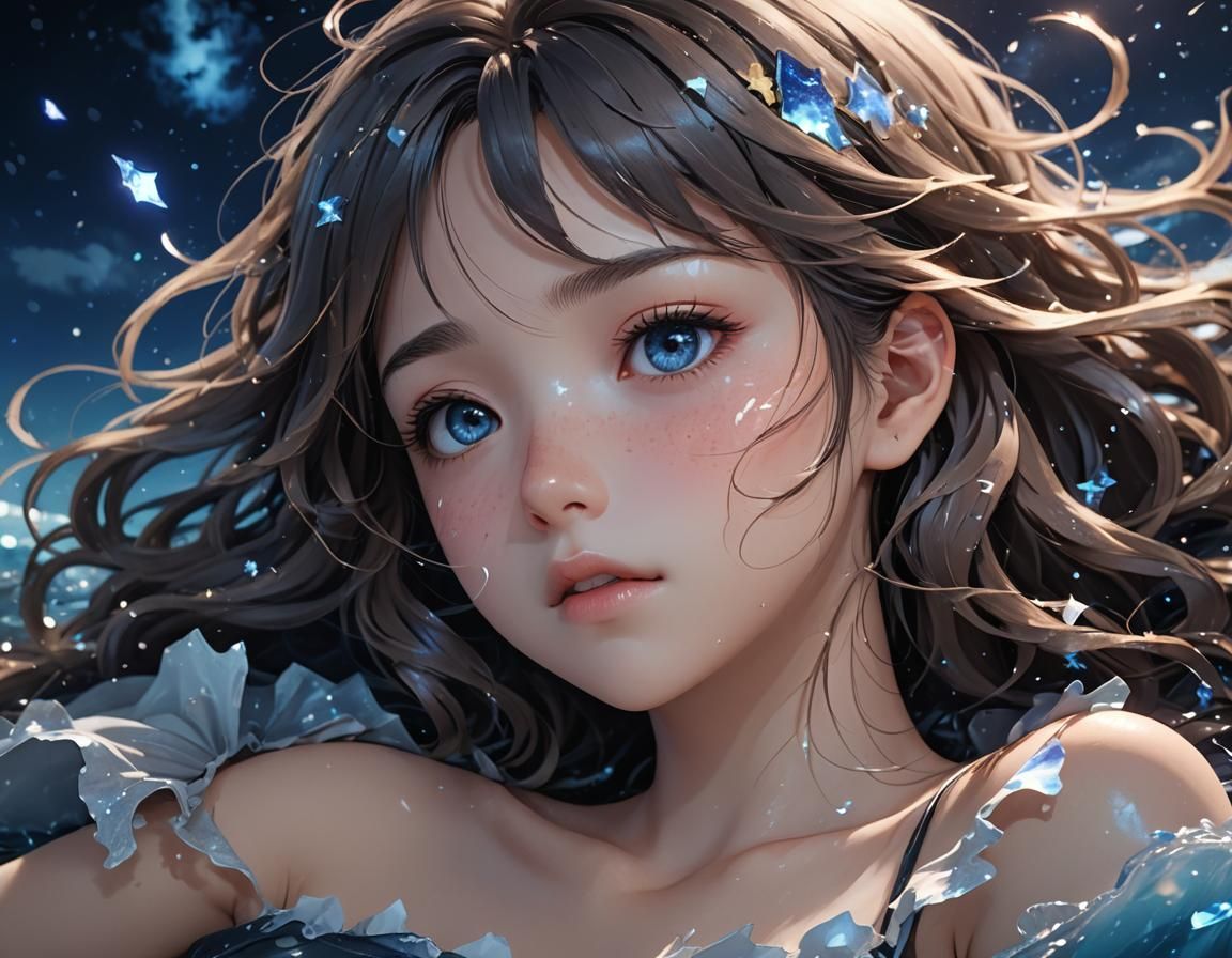 Anime Girl Weeping Starlight Tears in Desolate Ocean