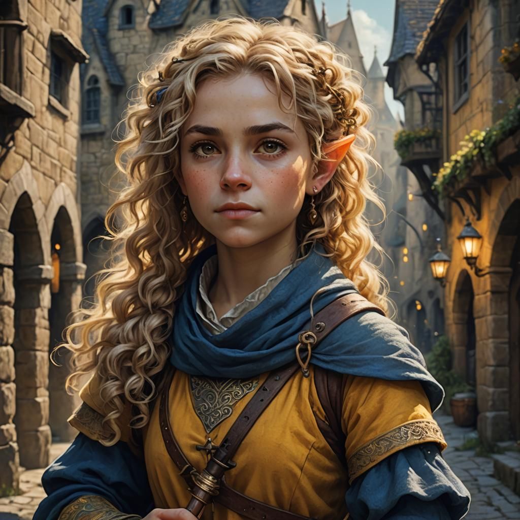 Halfling Bard in Medieval City, Fantasy Art