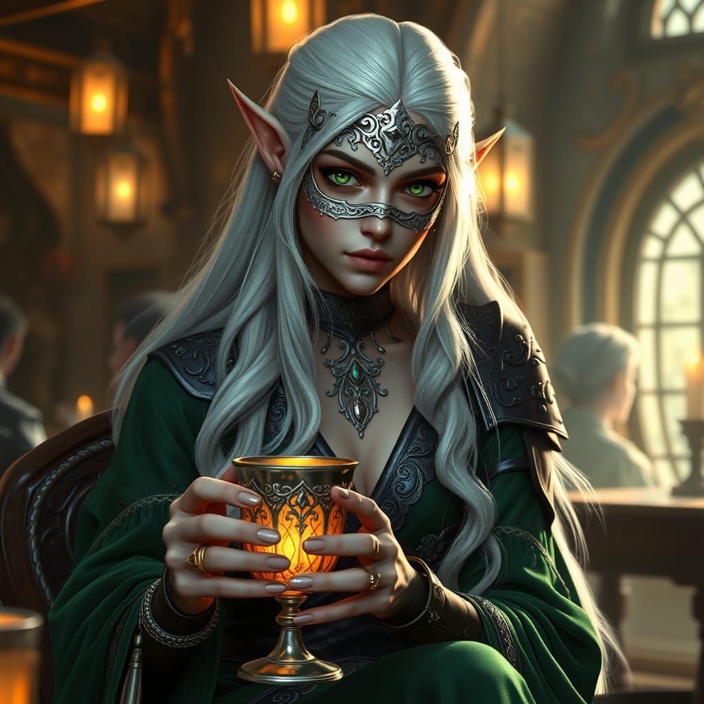 Elegant Wood-Elf Maiden in Tavern, Digital Matte Painting