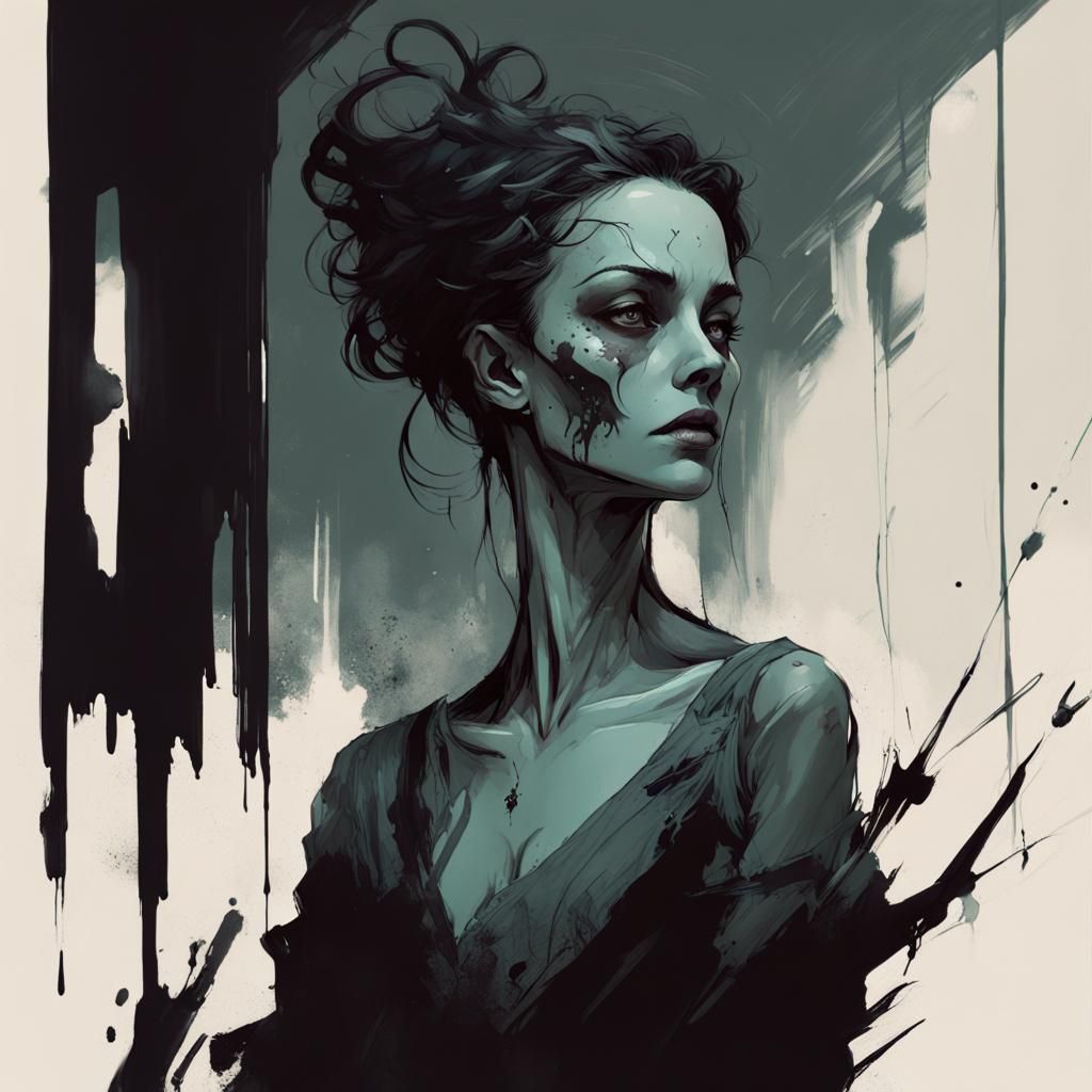 Creepy Female Ghost in Dark School, Ink Art