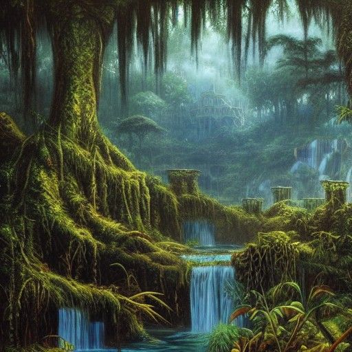 Fantasy Kingdom Cityscape near Waterfall, Oil Painting