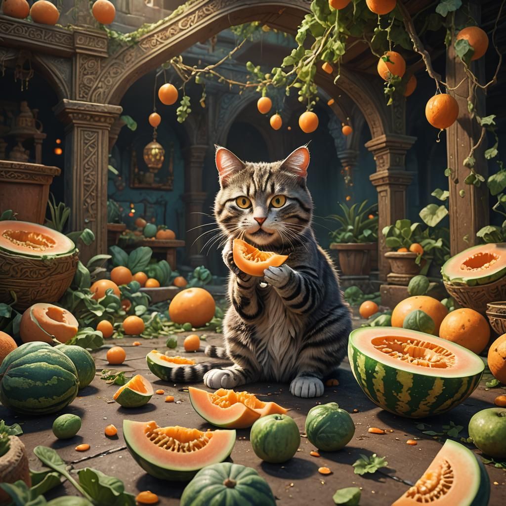 Cat Enjoys Cantaloupe: Detailed Matte Painting