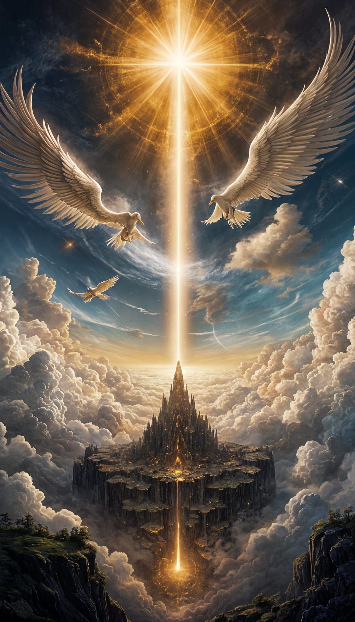 Heavenly Sky with Angelic Beings and Golden Auroras