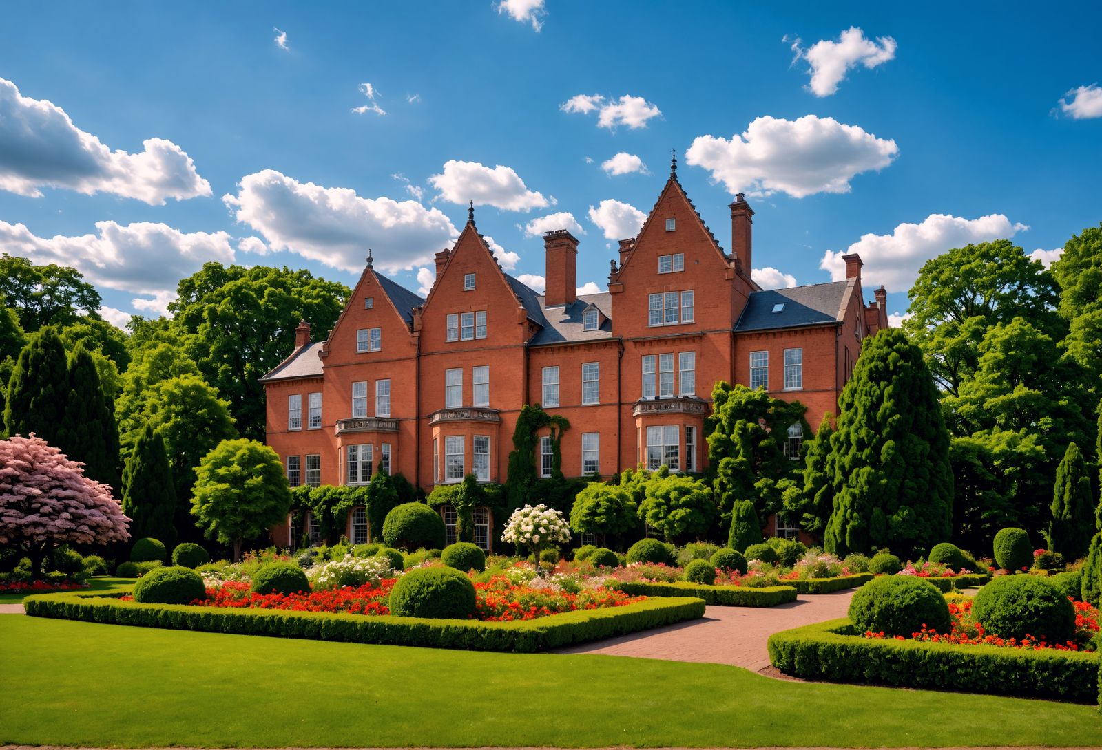 Hyperrealistic Red Brick Mansion in Garden Park
