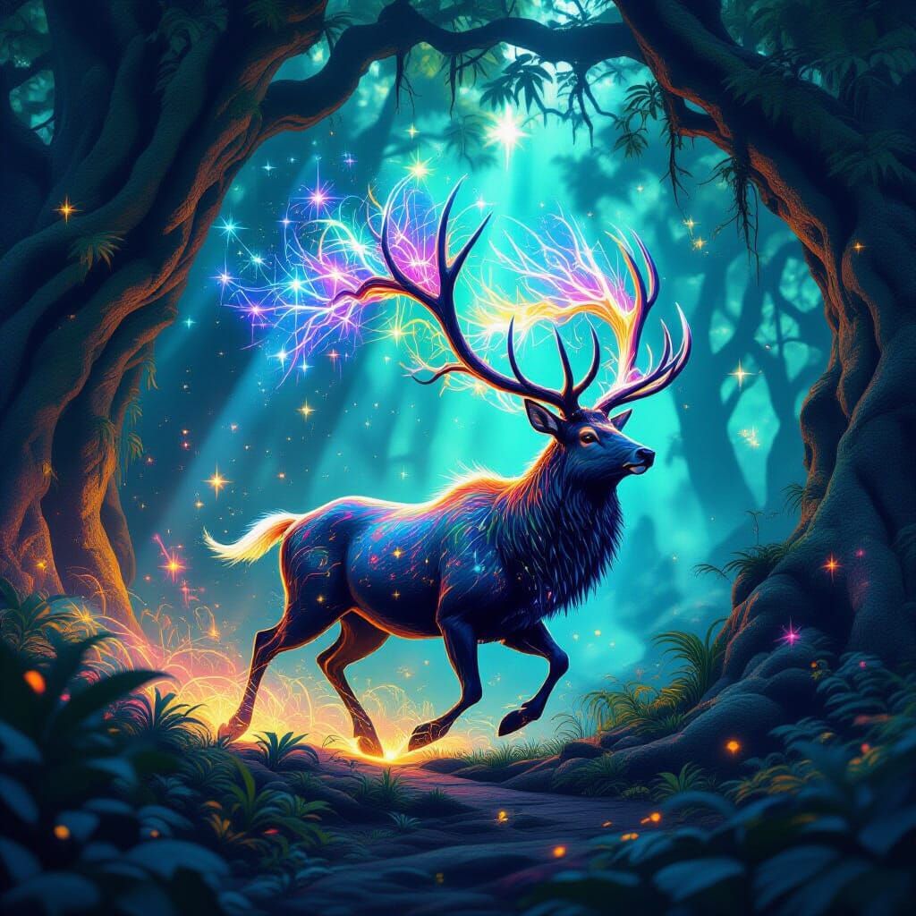 Majestic Stag With Psychedelic Laser Antlers in Ancient Jung...