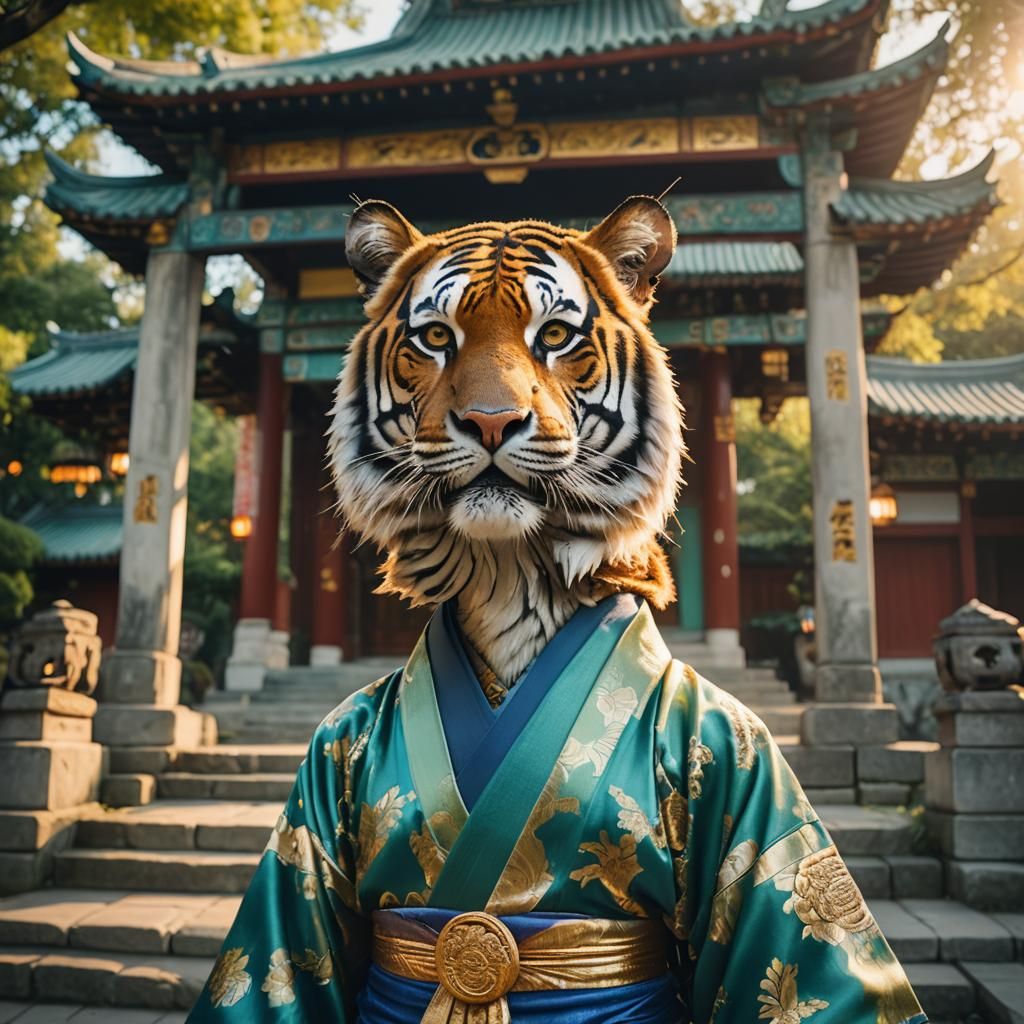 Tiger in Kimono at Temple: Cinematic Portrait