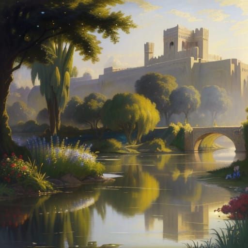 Lush Babylonian River in Romantic Style