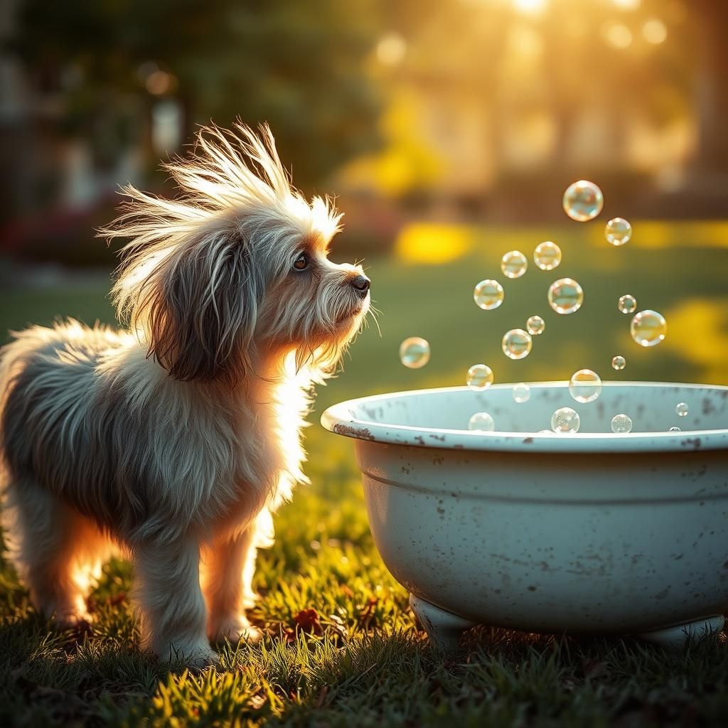 Adorable Dog and Bubbles in Golden Light