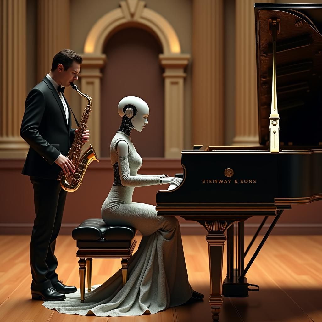 Robot Concert Pianist in Ornate Concert Hall