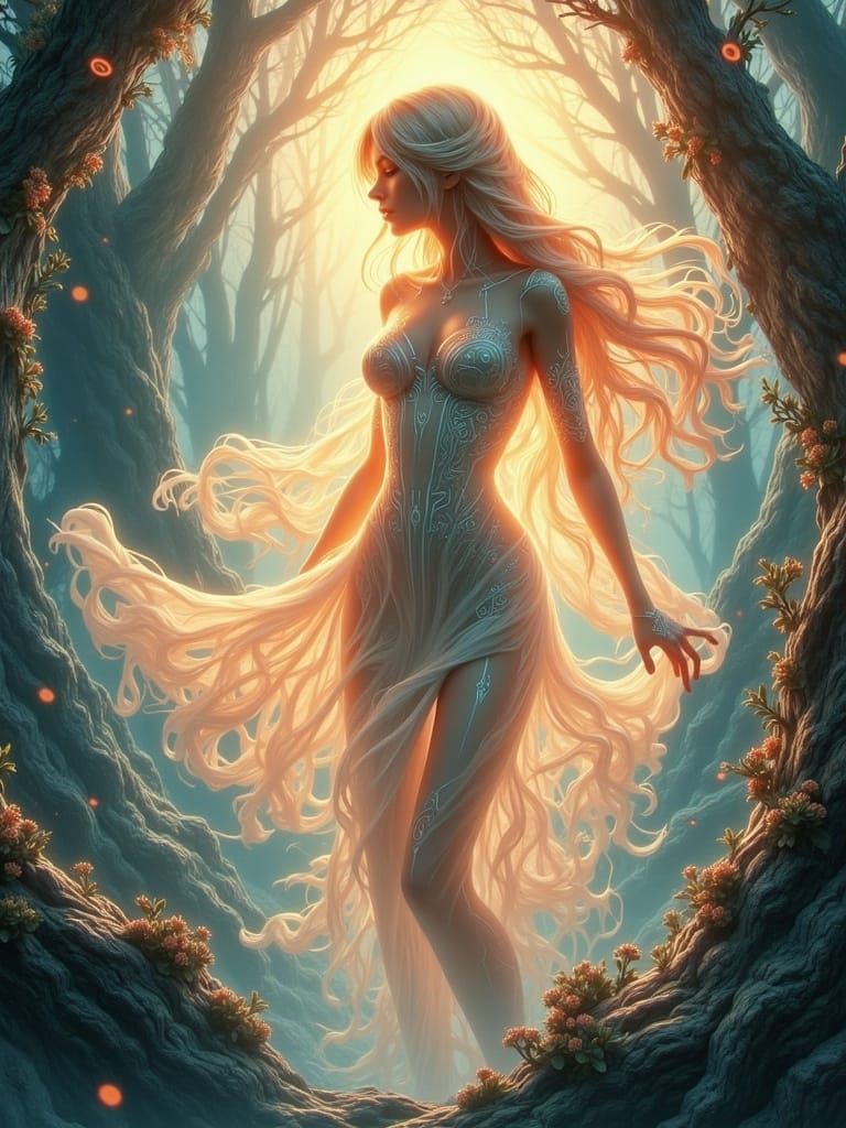 translucent smokey silhouette art, beautiful Persephone, rising from hell to bring the spring flowers to the thawing wor...