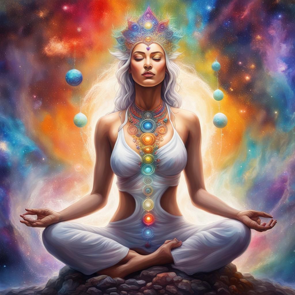 Goddess Meditating in Galaxy Environment, Digital Art