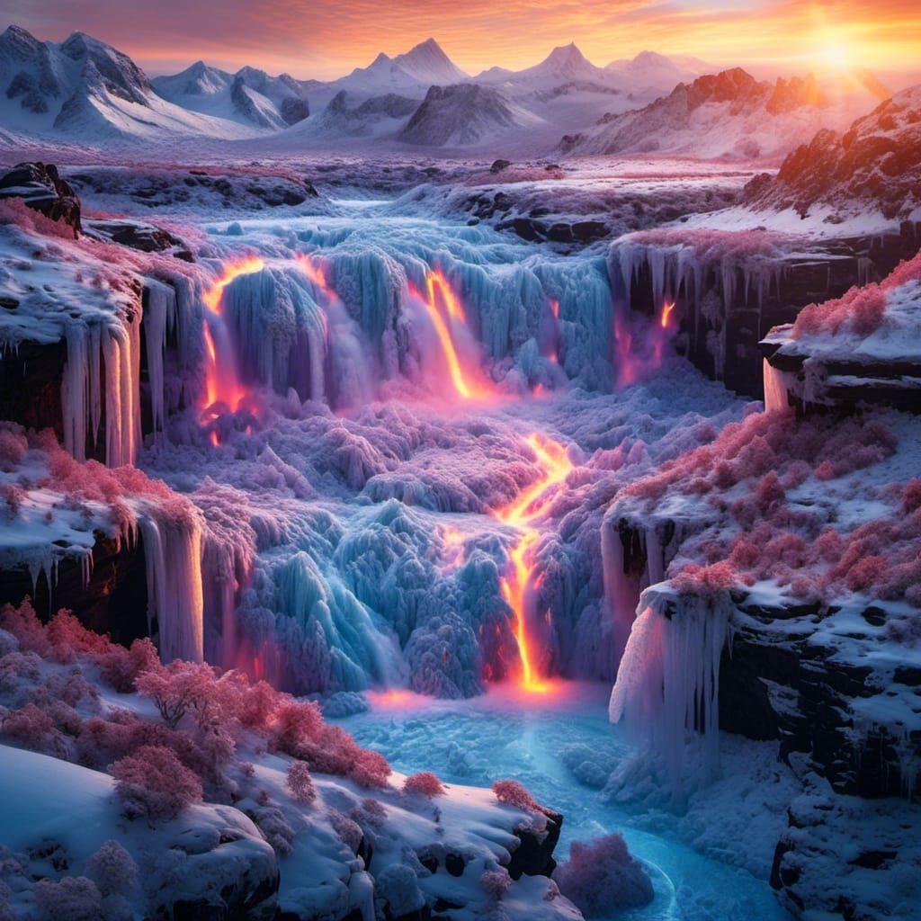 Fantasy Winter Scene: Frozen Waterfalls at Sunset