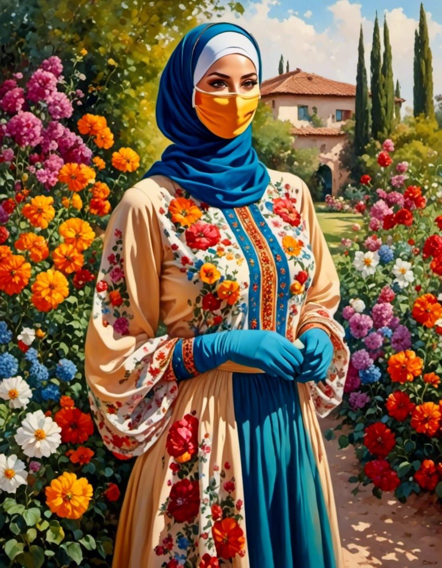 Elegant Woman with Facemask in Garden Setting