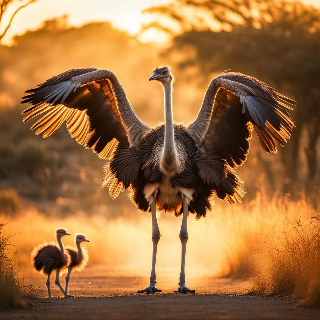Ostrich Protects Chicks: Wildlife Photography in Golden Ligh...