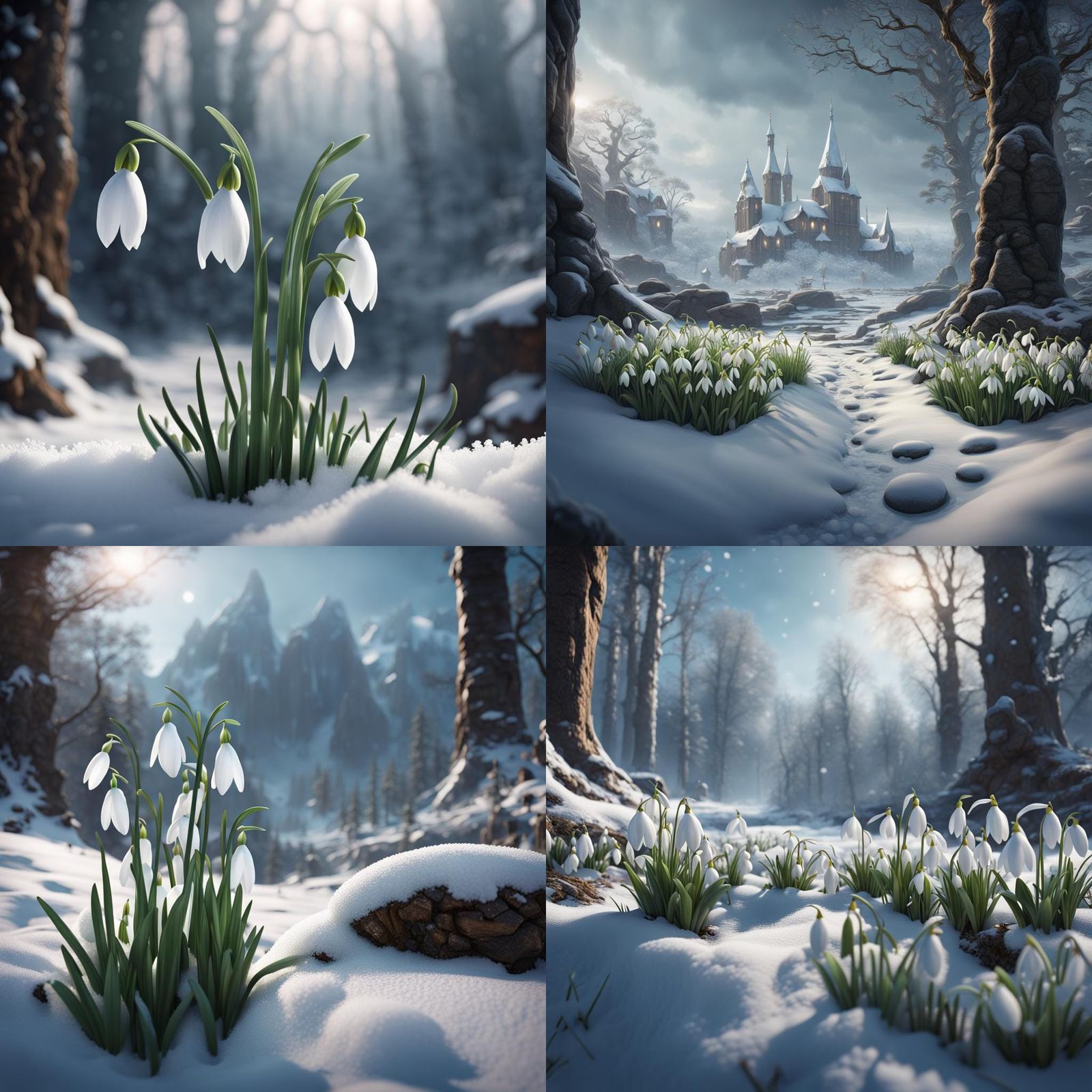 Snowdrops Emerging from Snow: Detailed Fantasy Art