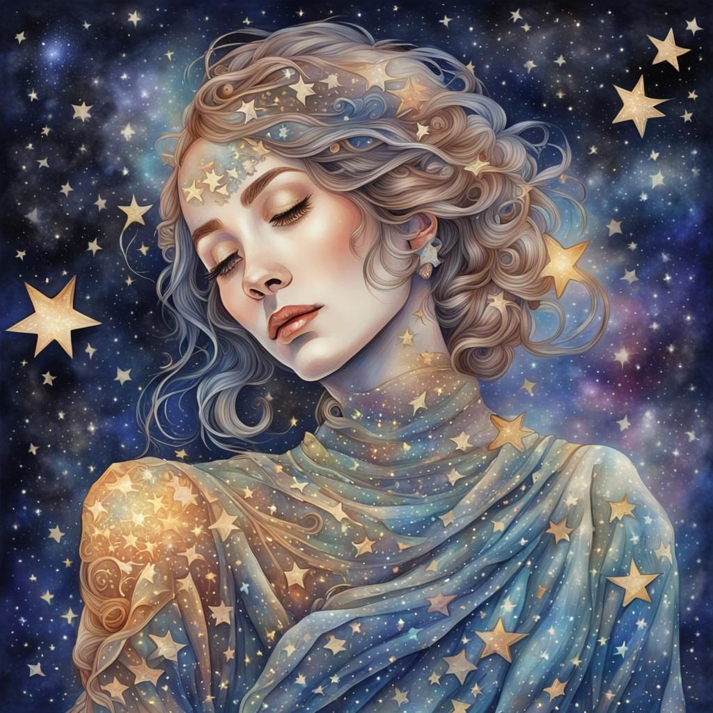 Watercolor Portrait of a Woman Among the Stars