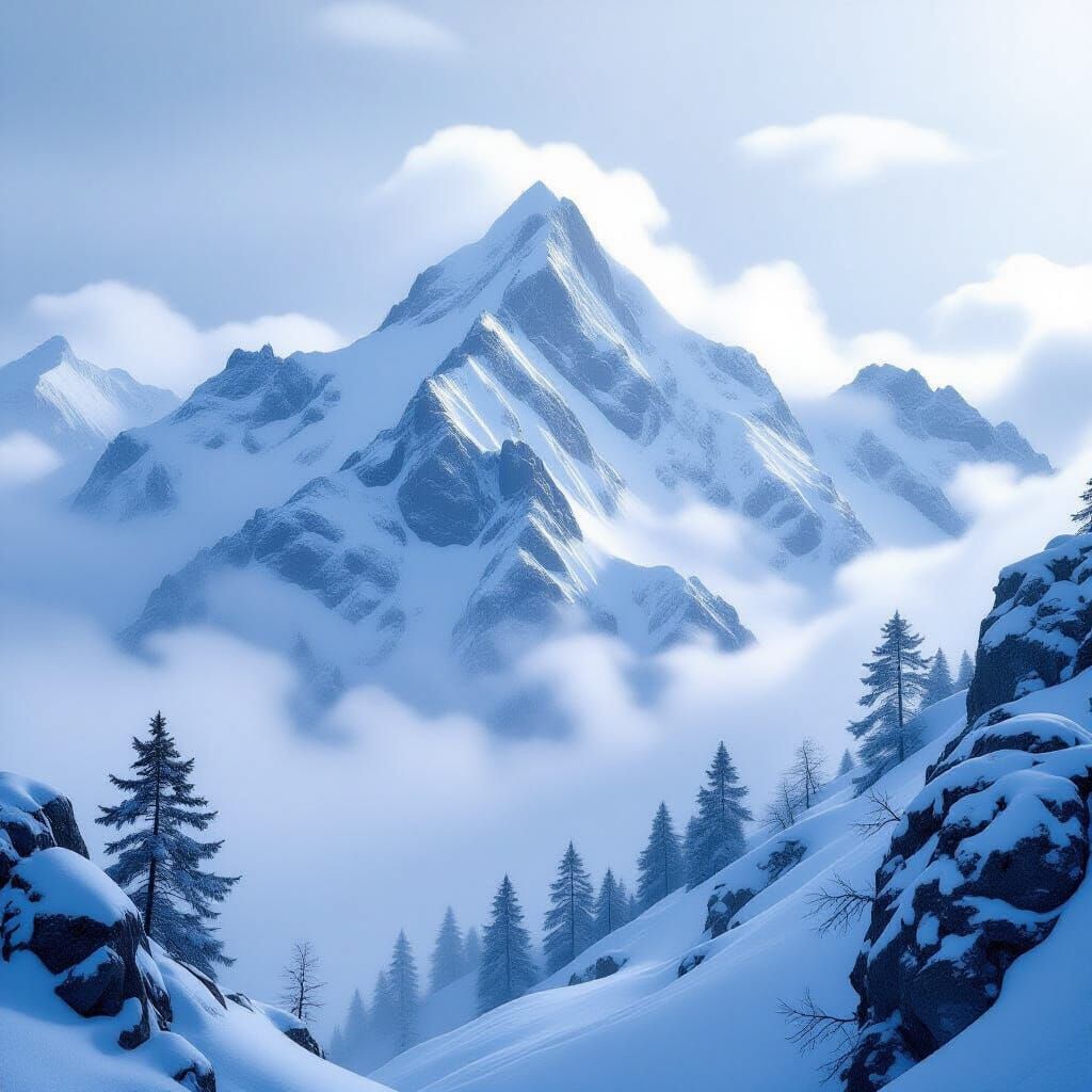 Snowy Mountain Peak Emerges From Ethereal Fog