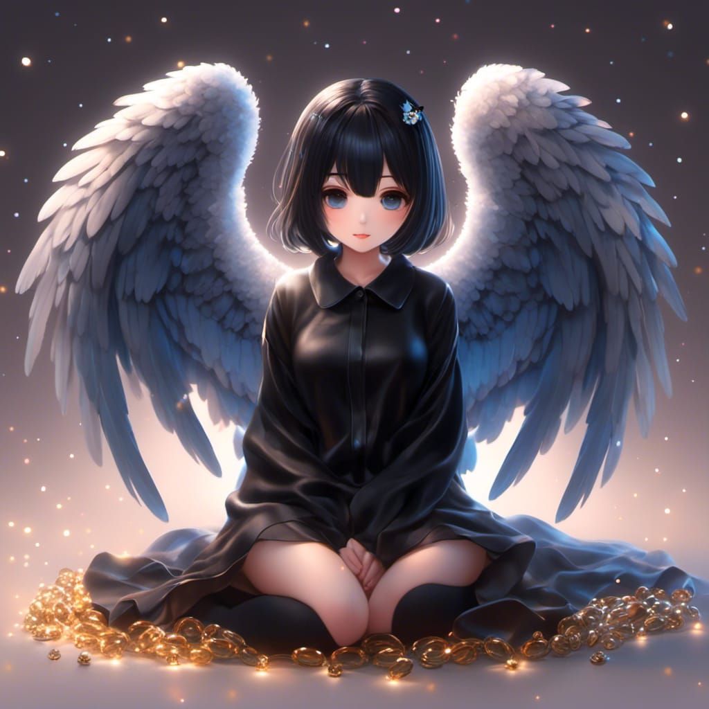 Anime Angel with Black Hair and Wings