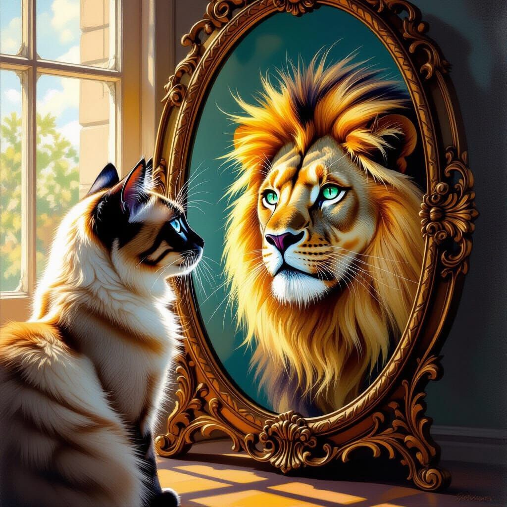 Cat's Reflection Transforms into Majestic Lion
