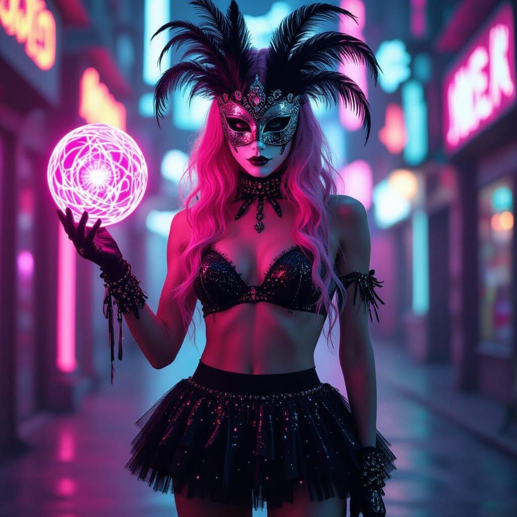 Androgynous Figure with Carnival Mask in Neon Light