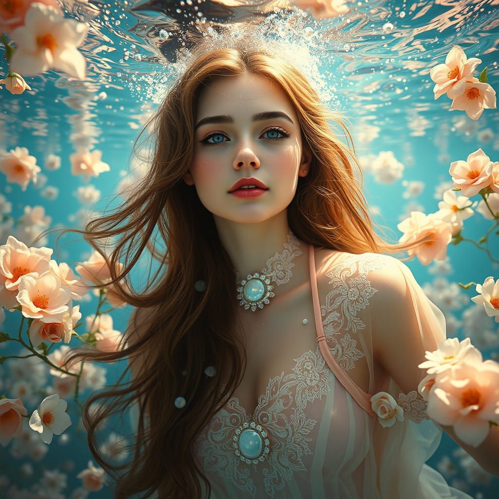 Ethereal Mermaid in Peach Gown with Iridescent Accents