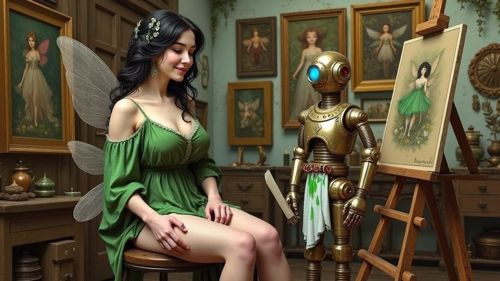 Victorian Fairy in Studio with Robot Artist