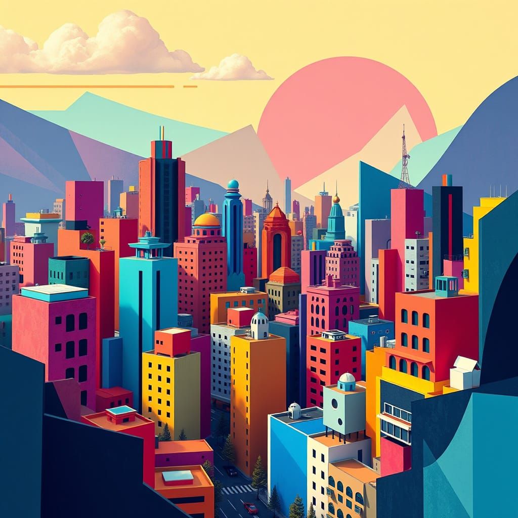 Geometric Cityscape in Cubist Art Deco Style